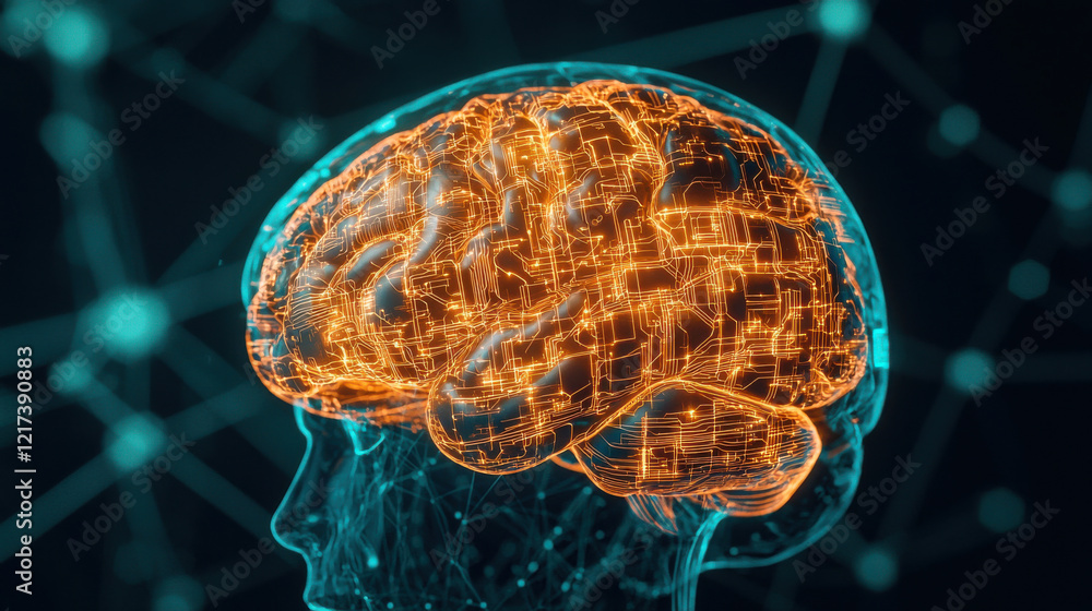 Poster glowing brain with circuits, representing artificial intelligence and neural connections, showcases 