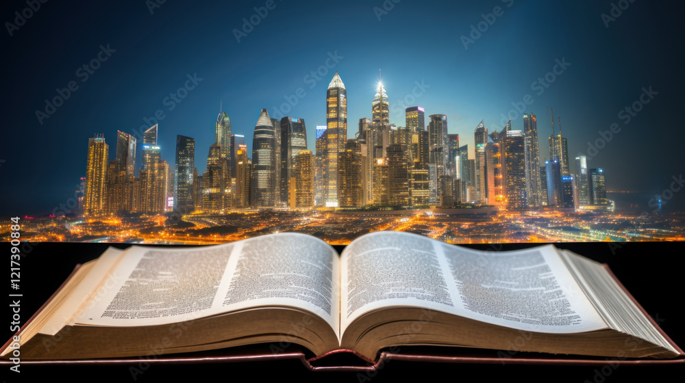Poster dynamic cityscape with open book at night, blending literature and urban life in a captivating visua