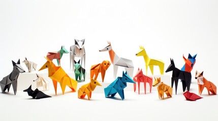 Fototapeta premium Origami Animals Displayed in Various Shapes and Sizes on a Clean White Background, Showcasing the Art of Paper Folding with Intricate Designs