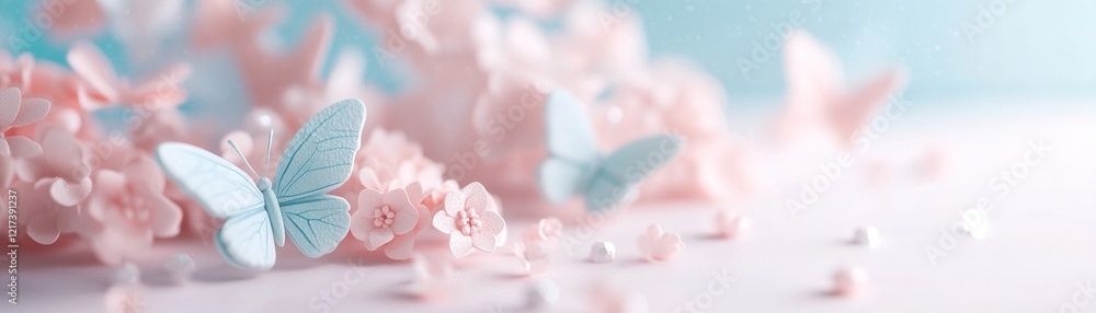 Poster butterflies float playfully above clusters of flowers, creating a light and airy atmosphere filled w