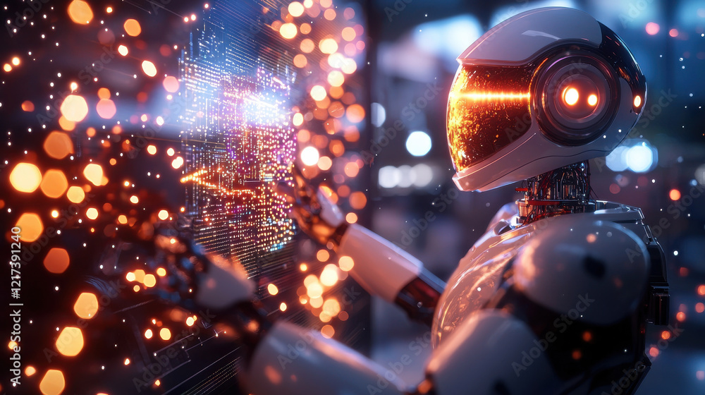 Poster futuristic robot artist creating holographic display with vibrant lights and intricate patterns, sho
