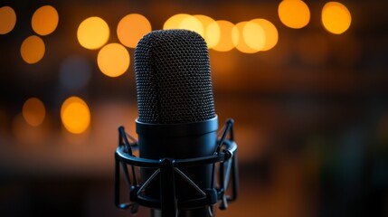 A professional studio microphone against a vibrant bokeh backdrop, symbolizing creativity, music, and broadcasting. Perfect for media, podcast, and music-inspired designs.
