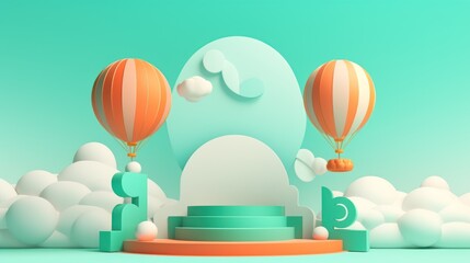 Naklejka premium 3D Colorful Hot Air Balloons Floating Over Playful 3D Landscape with Pastel Green Background and Soft Clouds, Perfect for Whimsical Art and Illustrations