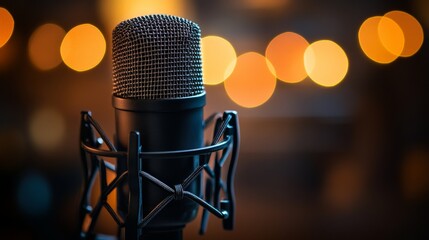 A professional studio microphone against a vibrant bokeh backdrop, symbolizing creativity, music, and broadcasting. Perfect for media, podcast, and music-inspired designs.