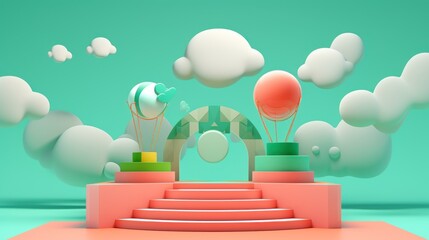 Colorful 3D Abstract Playground with Bouncy Clouds, Bright Geometric Shapes, and Playful Balloons on a Vibrant Turquoise Background for Creative Projects
