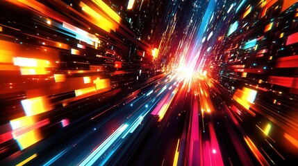 Naklejka premium A colorful, blurry image of a cityscape with bright lights and a large explosion