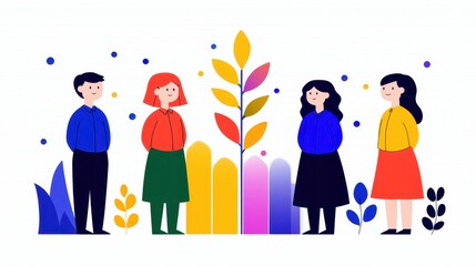 Naklejka premium Diverse Group of People Standing Near Colorful Plants in a Vibrant Landscape