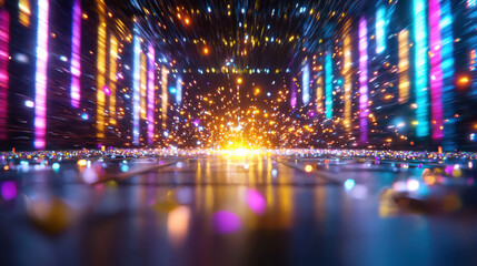 Obraz premium Vibrant lights and colorful sparks create dynamic, energetic atmosphere, resembling futuristic celebration or festival. scene is filled with glowing particles and illuminated beams