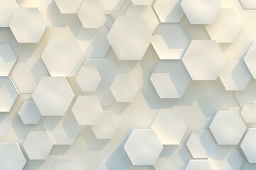Image shows a seamless pattern of offwhite, threedimensional hexagons, creating a textured geometric background. Various sizes and overlaps add depth.