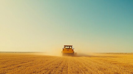 Fototapeta premium Tractor harvesting golden field at sunset