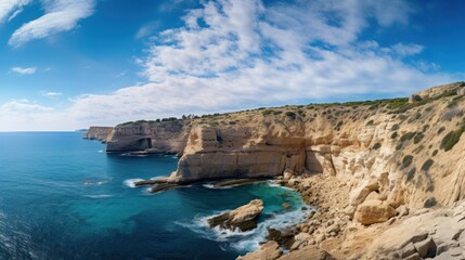 Obraz premium Panoramic View of Majestic Coastal Cliffs Under Clear Blue Sky with Tranquil Ocean Waves and Bright Sunshine Reflecting on Crystal Clear Water