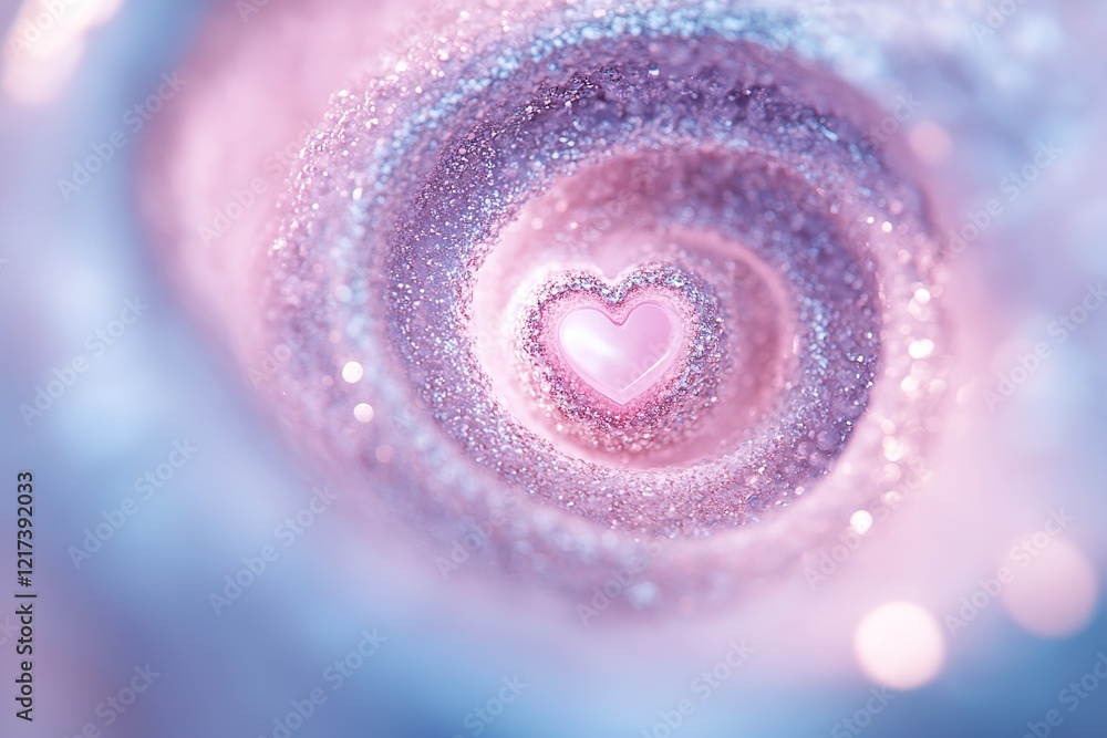 Poster An enchanting spiral leads to a glowing heart enveloped in soft light and shimmering particles, all set against a gradient background designed for text placement