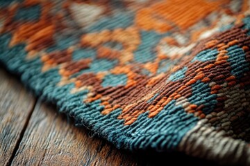 Close-up of a richly textured, hand-woven rug with earthy tones and intricate patterns on a rustic wooden surface.