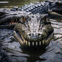 Fototapeta premium Close-Up View of Alligator Heads Emerging from Dark Water in a Serene Natural Habitat, Showcasing Sharp Teeth and Intense Expressions in a Wild Environment