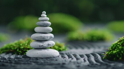 Obraz premium serene stacked stones in tranquil zen garden for relaxation and mindfulness