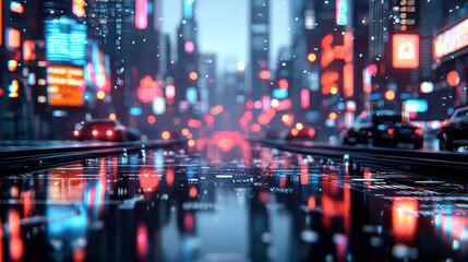 Obraz premium vibrant urban skyline with neon lights reflecting on wet streets, creating futuristic atmosphere. scene captures essence of bustling city at night