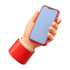 3D cartoon hand gripping a smartphone in a blue case with a blank screen. Perfect for digital advertising or app promotion..