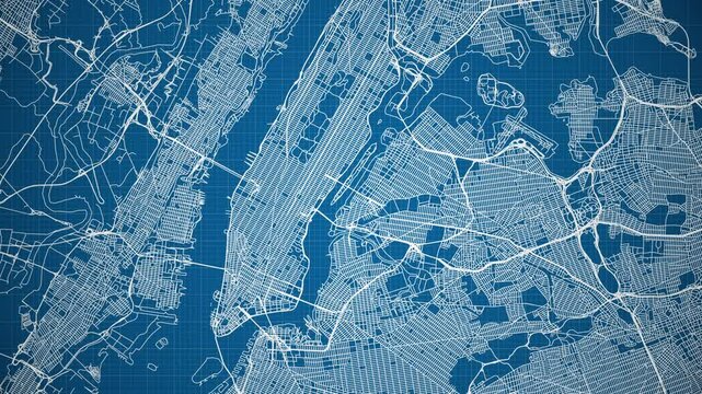 Ink reveal animation of New York city, United States of America, grid map. Aerial top view. Blueprint style. White lines with blue background. 4K Seamless loop.
