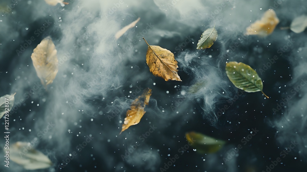 Poster Leaves Floating in a Misty Atmosphere Captured in Soft Focus with Gentle Swirling Motion, Evoking a Sense of Serenity and Nature's Tranquility вЂ“ Ideal Mood for Fall Themes