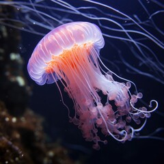 Obraz premium Jellyfish Swimming in Deep Ocean Waters, Showcasing Vibrant Colors and Delicate Tentacles Underwater, Stunning Marine Life in Their Natural Habitat