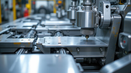 Fototapeta premium Industrial machinery at work in a factory environment with a focus on metal processing equipment.