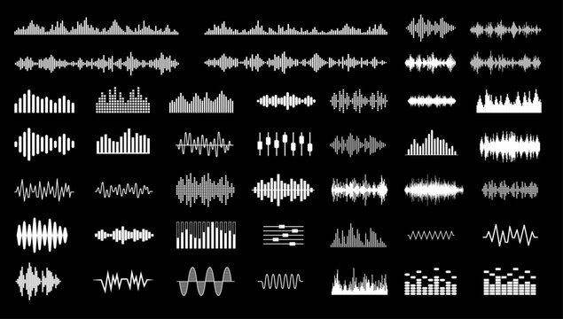 Vector sound waves - Set of audio music illustration graphics and symbols showing spectrum waveform and various equaliser icons and elements in black colour on white background