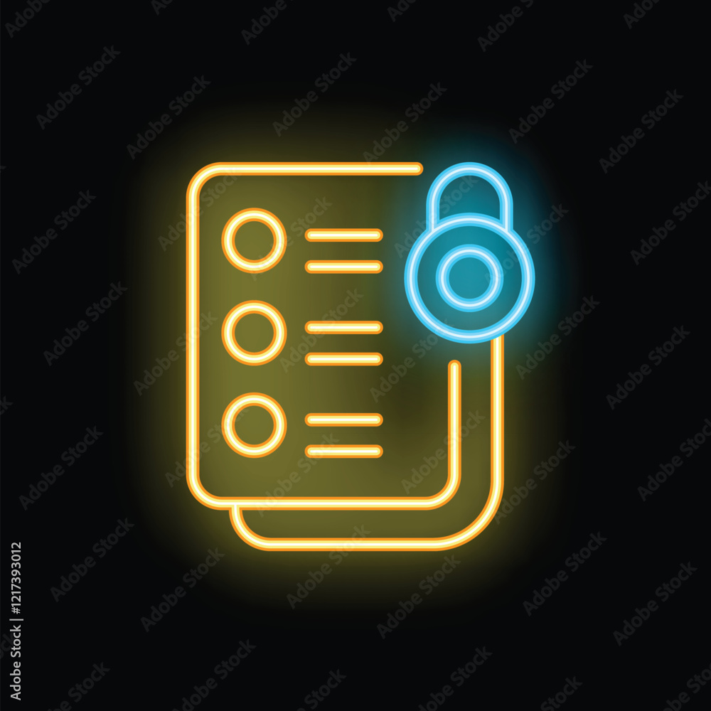 Poster Glowing neon icon of a document with checked boxes representing data encryption, emphasizing cybersecurity in the digital age