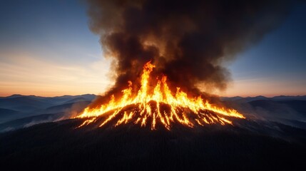 Fototapeta premium Large wildfire burning in the sky with smoke and flames during a dry summer day in a natural landscape
