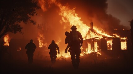 Obraz premium Firefighters battle blaze residential area action scene night heroism