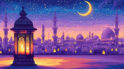 Obraz premium Night Cityscape Lantern, Mosques and Crescent Moon, Digital Painting, Islamic Art. , Ramadan, Eid