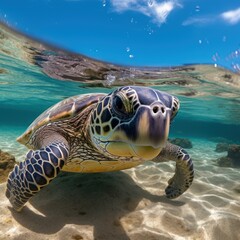 Obraz premium Sea Turtle Swimming Gracefully Underwater in Clear Tropical Waters with Lush Coral Reef and Sunlight Filtering Through the Surface
