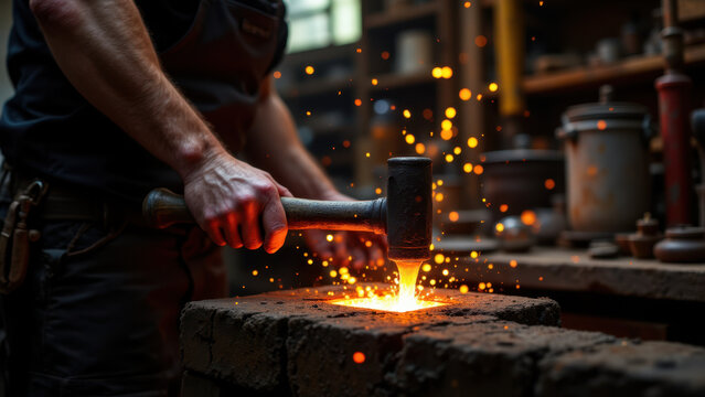 A skilled worker at a forge using a sledgehammer to shape hot metal.