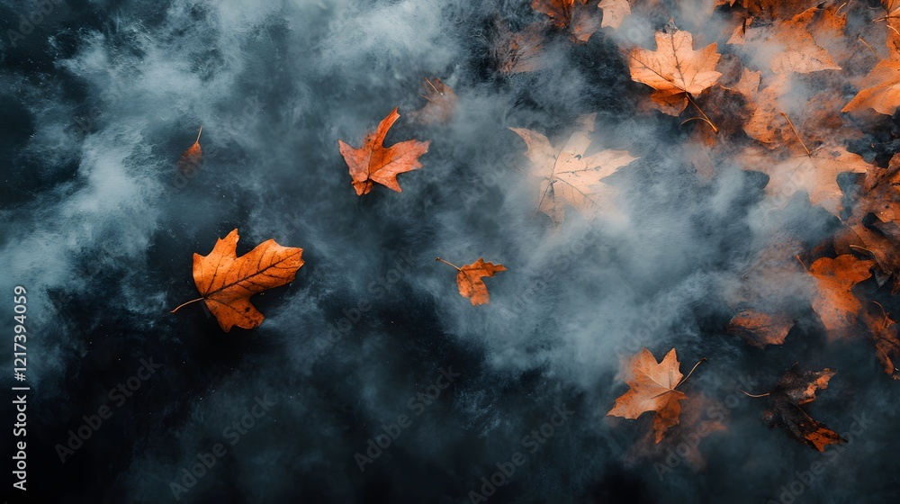 Poster Tranquil Autumn Scene with Orange Maple Leaves Floating on Misty Water Surface Creating a Serene and Peaceful Atmosphere in Nature's Embrace