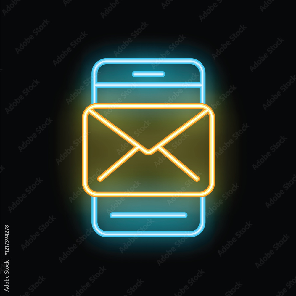 Poster bright neon sign showing a smartphone displaying an email notification icon on a black background