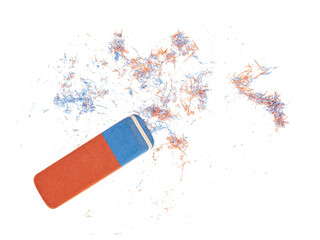 Red and blue eraser and eraser scrap isolated on a white background, top view.