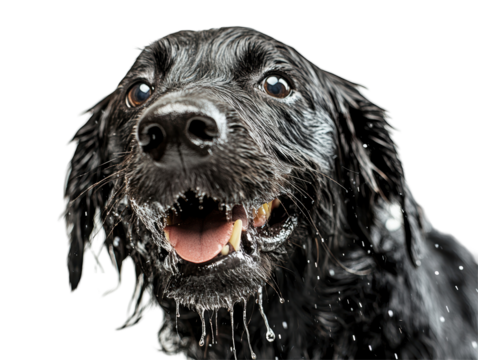 Isolated Wet Black Dog Looking Up