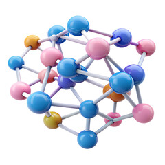 Obraz premium A 3D visualization of interconnected spheres and rods in vibrant colors, symbolizing molecular bonds, chemistry, and scientific research..