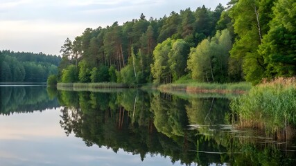 Obraz premium Misty morning over a calm lake, framed by lush trees, evoking a sense of tranquility and natural beauty