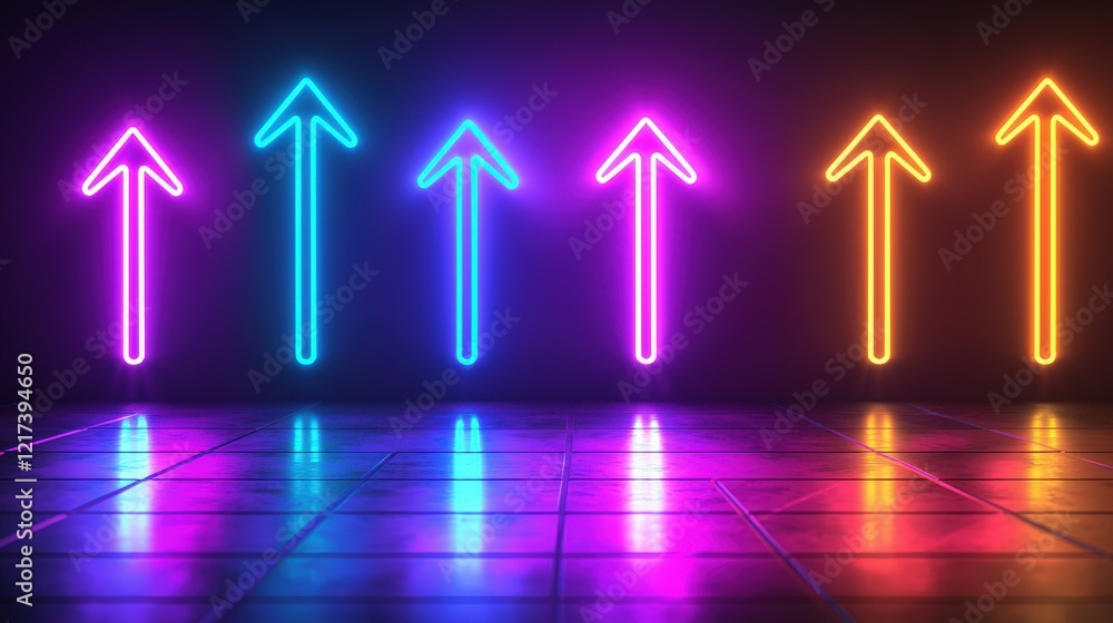 Poster neon arrows glow brightly in an artistic display against a dark background for directional guidance 