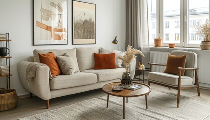 A cozy, modern living room featuring neutral tones, plush furniture, and decorative accents creating a warm and inviting atmosphere.