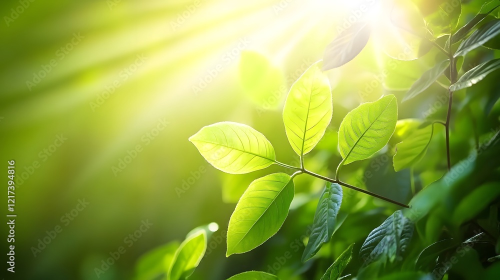 Poster lush green leaves illuminated by sunlight creating a serene and tranquil atmosphere in nature's verd