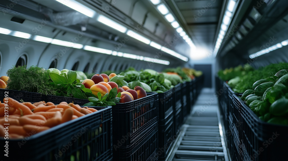 Poster a vibrant collection of produce like peaches, basil, and carrots in crates, stored securely in the b