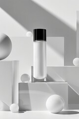 A sleek, minimalist product display featuring a white bottle amidst geometric forms and spheres, highlighting elegance and simplicity in design.