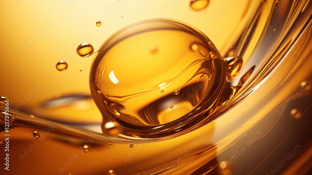 Poster close-up view of a single droplet of golden liquid surrounded by bubbles, capturing the essence of f