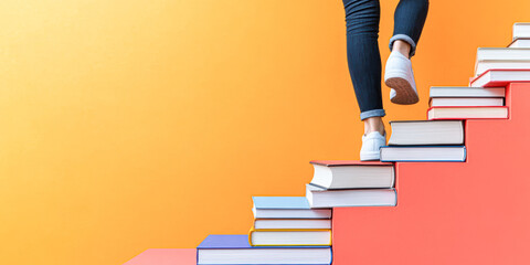 Fototapeta premium A person is climbing a stack of books