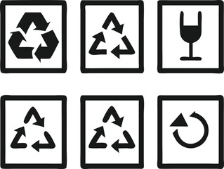 A set of six black and white icons representing various recycling and packaging symbols, including recycle symbols in different variations, and a glass symbol, all in a grid layout against a clean whi