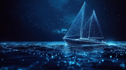 Abstract digital sailboat on dark blue water at night.