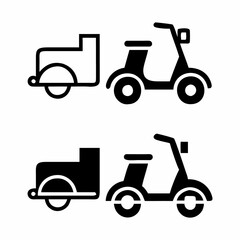 Simple, black and white graphic of a scooter towing a trailer, suitable for representing delivery services, cargo transport, or urban transportation.