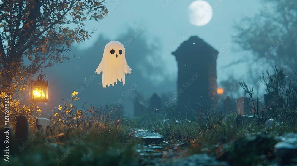 Poster ethereal ghost floating in spooky graveyard under full moonlight with lanterns illuminating pathway