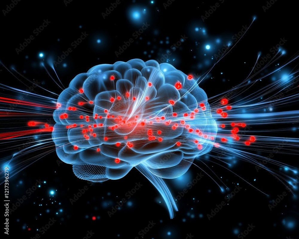 Poster a digital representation of a glowing brain with vibrant red and blue lines radiating outward, symbo